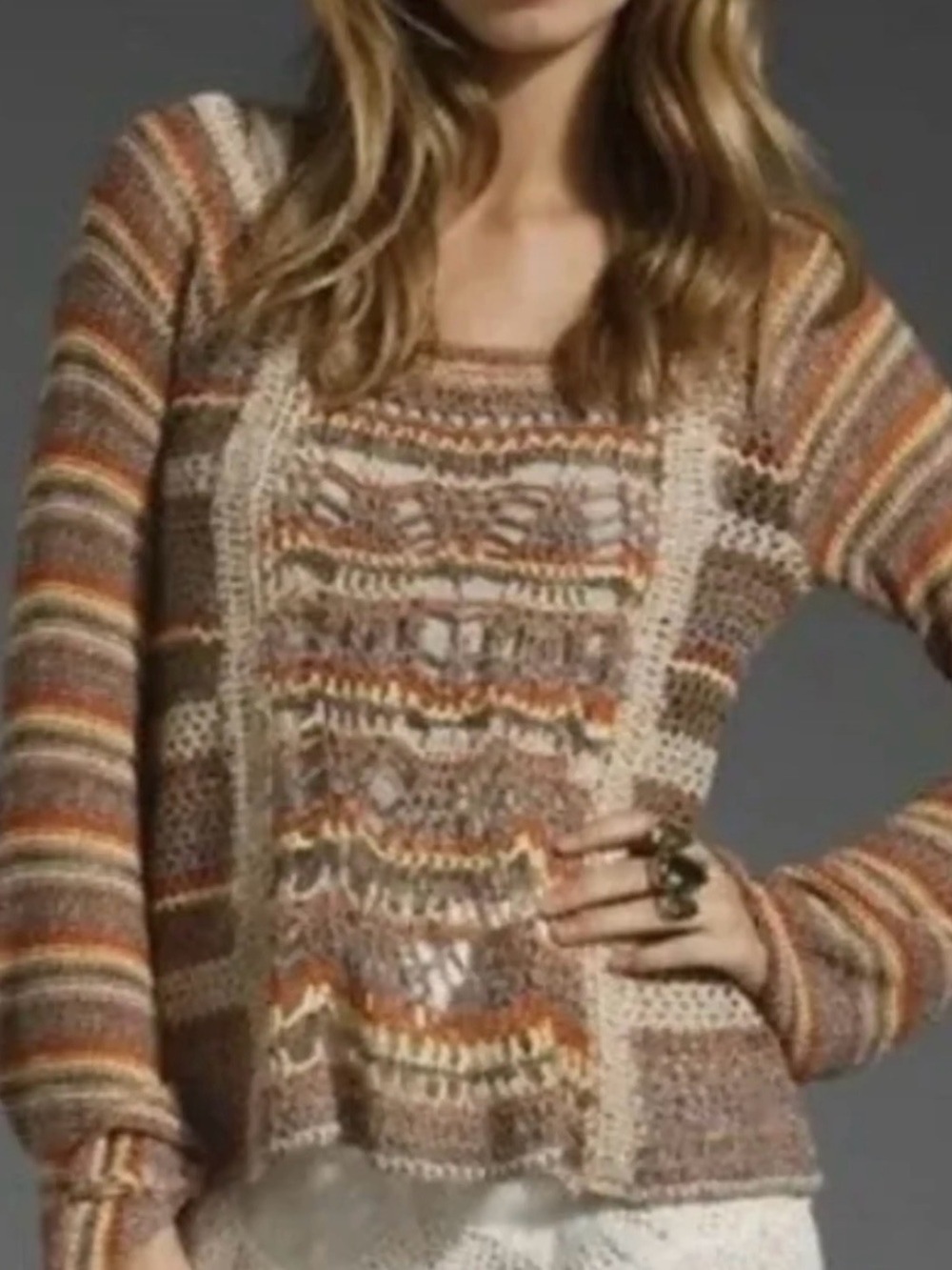 Free People Crochet Stripe Scoop Neck bell sleeve Sweater - Cream, Brown, Orange